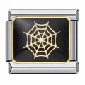 Detailed view of a stainless steel Italian charm featuring a golden spider web on black - Black Gold Spiderweb Style (ICJ698)