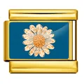 Custom Italian modular charm in gold stainless steel featuring a blue daisy flower design - Blue Daisy Pattern (ICP-YCAA0068-2)