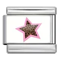 Italian charm link featuring a pink leopard print star design on stainless steel. - Leopard Pink Border Star Pattern (ICP-YCAA0071-1)