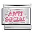 Maglia per bracciale italiano in acciaio inox con scritta Anti Social in smalto rosa - Stile Anti Social (ICJ1418) / 5 Pezzi/Confezione