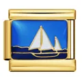 Gold-plated stainless steel Italian modular charm link with blue enamel sailboat - Blue Sailing Boat (ICJ348-1) / 5 Pieces