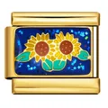 Gold-toned stainless steel Italian charm link featuring blue sunflower enamel design - Sunflower Starry Sky (ICJ561-G) / 5 Pieces