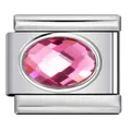 Modular Italian charm link in stainless steel featuring an oval faceted pink gemstone - Pink Zirconia (#7)