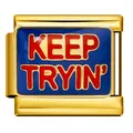 Gold modular bracelet link with blue enamel and red "KEEP TRYIN'" motivational text - Keep Tryin Text (ICJ660-2) / 5 Pieces
