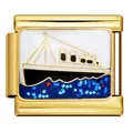 Gold-plated titanium steel Italian modular bracelet link featuring a blue cruise ship charm - Blue Cruise Ship (ICJ794) / 5 Pieces