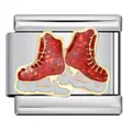Vista detallada de un dije de patines de hielo rojos con purpurina en eslabón de acero modular - Patines de Hielo Rojos (ICJ743-1)