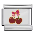 Eslabón italiano de acero inoxidable con cerezas de corazón y lazo rosa - Patrón de Cereza y Lazo (ICP-JC106-9S) / Plateado