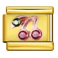 Eslabón de amuleto italiano dorado con motivo de cereza roja en esmalte para pulseras DIY - Patrón de Cereza (ICP-JC140G) / Dorado