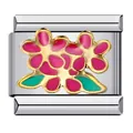 Dettaglio maglia bracciale modulare italiano in acciaio con fiori rosa smaltati - Doppio Floreale Rosa (ICJ357)