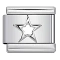 Dettaglio di charm modulare italiano in acciaio inox con design a stella traforata - Stella Svuotata (ICY731)