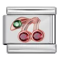 Italian modular charm link featuring a rose gold cherry with red and green crystals - Rhinestone Cherry Style - Silver Base (ICP-JC140S)