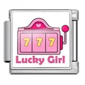 Charme de machine à sous rose en acier inoxydable avec texte Lucky Girl pour bracelet italien - Motif de Machine à Sous Chanceuse Argent (ICP-JFAA0037-1) / 5 Pièces/Paquet