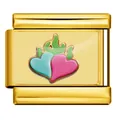 Eslabón de amuleto italiano de acero dorado con diseño de corazones en llamas rosa - Patrón de Llama de Doble Corazón (ICP-JC147-5G) / Dorado
