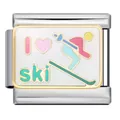 "I love ski" Italian modular charm link for stainless steel DIY bracelet jewelry. - Skiing Sport Pattern (1101)