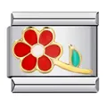 Modulo per bracciale italiano con fiore in smalto rosso e foglia verde in acciaio - Floreale a Petali Rossi (ICJ255)