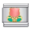 Maglia modulare italiana per bracciale con tulipano rosa in smalto dorato. - Tulipano Rosa Verde (ICJ260)