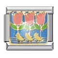 Detailansicht eines italienischen Charm-Glieds aus Edelstahl mit Emaille-Tulpenmuster - Blau Tulpe und Vogel Stil (ICJ529) / 1 Stück