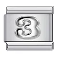 Macro view of a silver-toned Italian charm link featuring an embossed number 3 - Relief Number 3 (ICY706)