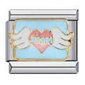 Detail of Italian charm link with pink heart and white wings featuring Angel text - Angel Wings Heart Style (ICJ711)