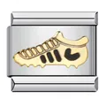 Dettaglio di un ciondolo modulare italiano in acciaio inox con scarpino da calcio dorato - Stile Scarpa da Calcio (ICJ139-1)