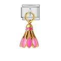Détail d'un charm volant de badminton rose sur un maillon italien en acier inoxydable. - Base Argentée Badminton Rose (ICG986-5)