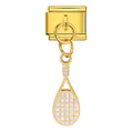 Vue détaillée d'une breloque raquette de tennis dorée en acier pour bracelet italien modulaire - Base Argentée Raquette de Tennis Dorée (ICG984-2)