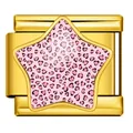 Gouden Italiaanse charm link van staal met roze hart luipaardprint ster ontwerp - Gouden Basis Roze Hart Luipaard Ster (WJAA0008-2)