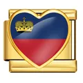 Close-up of golden Italian modular charm featuring the heart-shaped Liechtenstein flag - Heart Style Liechtenstein Flag (ICP-JH0001-LI)