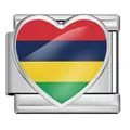 Heart-shaped Mauritius flag charm link in polished stainless steel for modular bracelets - Heart Style Mauritius Flag (ICP-JH000-MU)