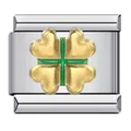 Charm modulare italiano in acciaio inox con quadrifoglio dorato e dettagli in smalto verde. - Stile Quadrifoglio Smaltato (ICJ085-1)