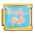 Gold Italian modular bracelet charm with a light blue background and Lucky Girl text - Lucky Girl Style (ICJ935-2) / 5 Pieces