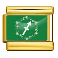 Detailansicht eines goldenen italienischen Charms mit grünem Schütze-Zodiac-Design - Schütze - Grün (Goldener Rahmen)