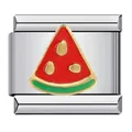 Detailed close-up of a stainless steel modular link with a vibrant watermelon enamel charm - Drip Oil Watermelon Shape (ICJ081-1)