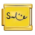 Abalorio de pulsera modular italiana de acero dorado con diseño de Smile amarillo - Estilo Letra Smile Plateado (ICJ3223) / Paquete de 5