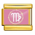Vista dettagliata di un charm modulare italiano dorato con segno zodiacale Vergine rosa. - Vergine - Rosa (Cornice Oro) / Oro