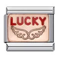 Vista dettagliata del link per bracciale italiano con testo LUCKY rosso e ali incise - Motivo Ali della Fortuna (ICJ349)