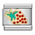 Macro view of a stainless steel Italian modular link featuring an enamel strawberry charm. - Colorful Strawberry Shape (ICJ577)