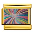 Detailed macro view of vibrant colorful spiral pattern on a gold Italian charm bracelet link - Gold Colorful Swirl (ICP-YCAA0055-2)