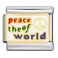 Close-up detail of stainless steel Italian charm link with colorful peace the of world text - Peace of the world (ICJ2242)