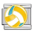 Vista detallada de un dije italiano de acero inoxidable con diseño de voleibol amarillo - Estilo Voleibol Plateado (ICJ3202) / Paquete de 5