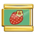 Eslabón de pulsera modular italiano dorado con diseño de fresa roja en acero inoxidable. - Patrón Fresa Roja Flor Verde Dorado (ICP-YCAA0074-2)