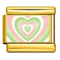 Módulo de pulsera italiana de acero dorado con diseño de corazones concéntricos verde y rosa - Eslabón de Charm Italiano (ICP-YCAA0051-2) / Corazón Arcoíris Dorado (ICP-YCAA0051-2)