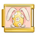Detailed macro view of a gold Italian charm featuring an Easter bunny with a floral egg. - Gold White Bunny Yellow Egg Style (ICP-JCAA0153-2) / Single Piece