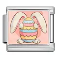 Close-up of stainless steel Italian charm link with Easter bunny and egg illustration - Silver Bunny With Striped Egg Style (ICP-JCAA0154-1) / Single Piece
