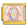 Macro view of gold Italian charm link with Easter egg and bunny ears design - Gold Purple Egg White Flower Bunny Ears Style (ICP-JCAA0158-2) / 5 Pieces