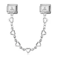 Detailed view of a stainless steel Italian modular charm link with a hanging heart chain. - Nine Hearts Silver (ICG520-2)
