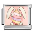 Detailed view of stainless steel modular charm with colorful Easter egg and rabbit motif - Silver Bunny Hiding Behind Striped Egg Style (ICP-JCAA0162-1) / Single Piece