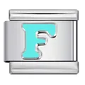 Stainless steel Italian modular charm link with light blue letter F. - Letter F (Y555)