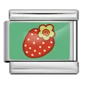 Stainless steel Italian charm link featuring a cute red cartoon strawberry design - Red Strawberry Green Flower Pattern (ICP-YCAA0074-1)