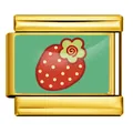 Elegant gold stainless steel Italian modular bracelet link featuring a red strawberry charm - Gold Red Strawberry Green Flower Pattern (ICP-YCAA0074-2)